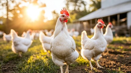 Fototapeta premium Chicken farming for meat production is carried out on a poultry farm where chickens are raised in indoor housing and provided with feed as part of the husbandry and housing business