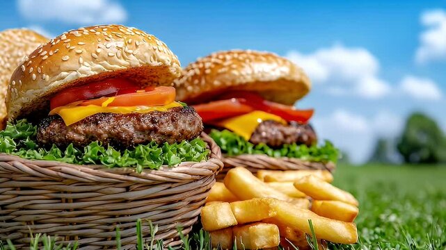 Two Cheeseburgers and French Fries on a