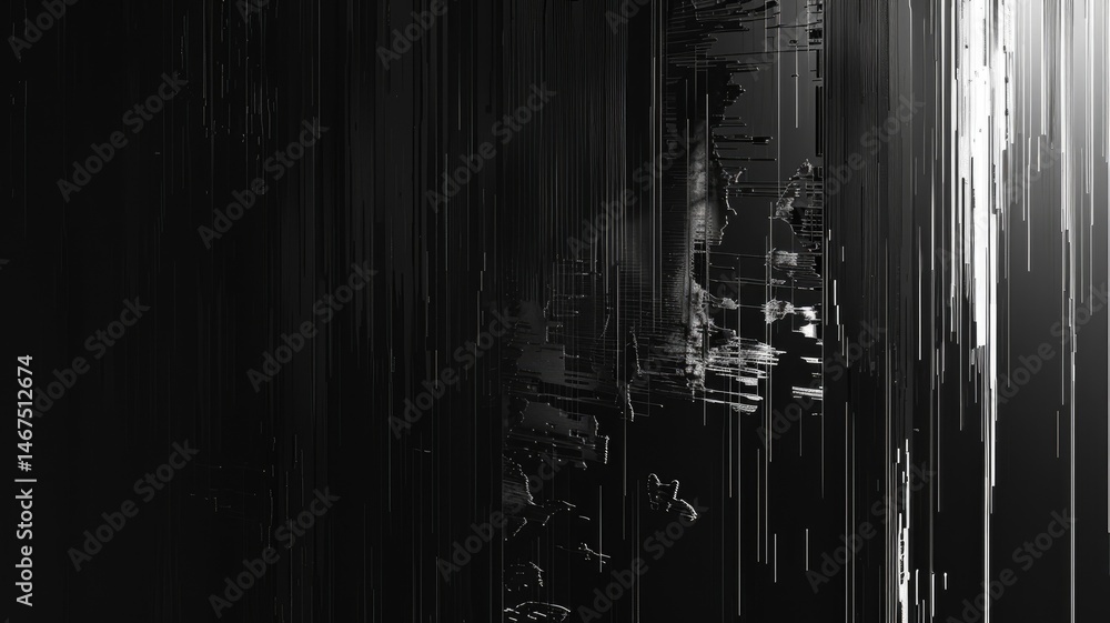 Poster abstract of complex glitch with pixel effect in dark background use shading and monochrome to expres