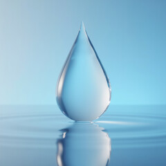 clear water droplet creates ripples on calm surface, reflecting serene blue background. image evokes tranquility and purity