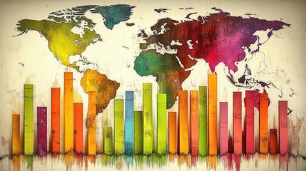 Colorful global economy illustration blending world map with financial bar chart showing international market analysis and growth trends