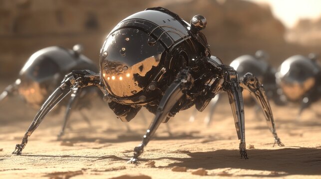 Futuristic robotic spiders on desert terrain
