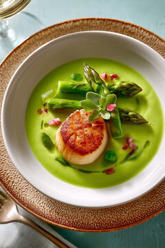 Gourmet asparagus veloute presented elegantly with seared scallop at center. Minimalist white plate enhances vibrant green color. Fine dining setup on elegant tablecloth