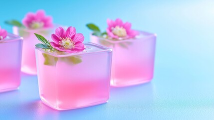 Elegant Jelly Dessert Served in Edible Flower Mold with Vibrant Petals and Green Leaves on Soft Blue Background