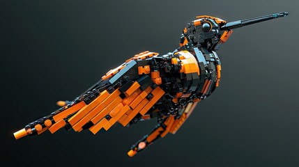 Mechanical bird sculpture composed of geometric shapes.