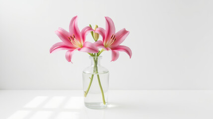 beautiful arrangement of pink lilies in clear glass vase, showcasing elegance and simplicity in bright, minimalistic setting