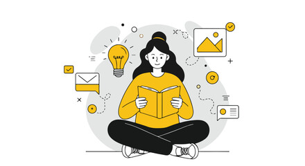 A stylized illustration depicts a woman with long dark hair sitting cross-legged while reading a book, surrounded by icons representing ideas, images, and communication.