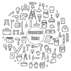 Hand drawn doodle Construction tools set. Illustration of building and renovation. House repair concept collection