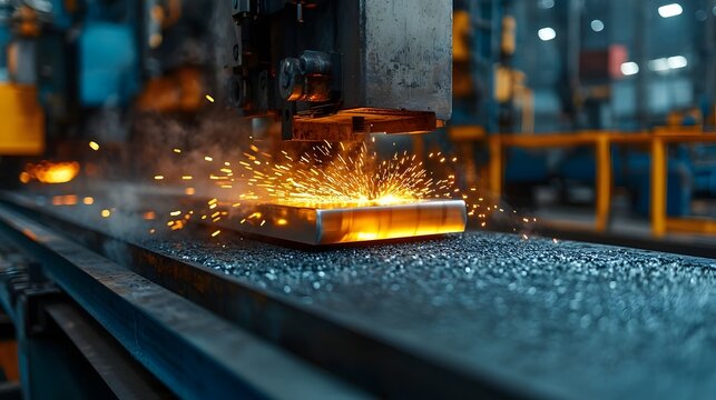 A photograph depicting the process of a hot steel billet being fed into roller presses within a high temperature industrial environment showcasing the intense energy and sparks during metalworking
