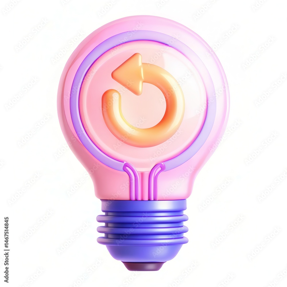 Poster a colorful 3d rendering of a light bulb with a refresh icon in the center, featuring vibrant colors 