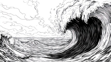 Majestic Ocean Wave: A Black and White Ink Drawing