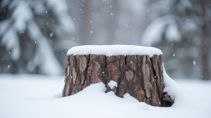 snow covered tree stump in winter landscape, surrounded by falling snowflakes, evokes serene and tranquil atmosphere