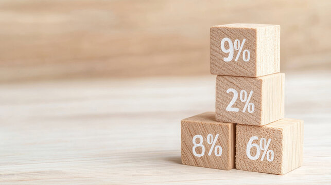Stack of Wooden Blocks Displaying Various Percentages on a Neutral Background