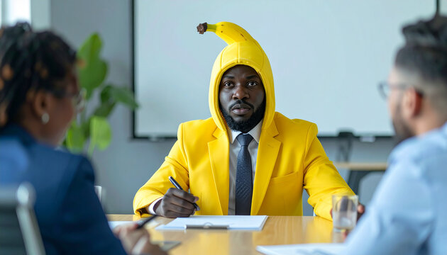 A businessman wearing a banana costume at a serious meeting, confused reactions from  normal