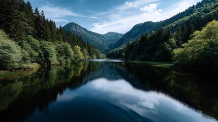 Obraz premium A serene lake reflecting the surrounding mountains and lush forest trees