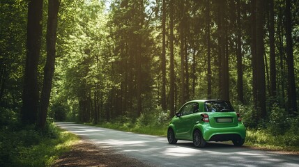Compact Green Car on Road Through Lush Forest Sunlight Dappled Scenery
