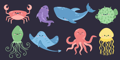Cute marine animals vector set hand drawn sea life. whale squid octopus stingray jellyfish crab fish eel fish starfish shells doodle isolated dark background