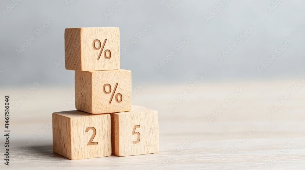 Poster wooden cubes with percentage symbols and numbers representing finance and calculation concepts