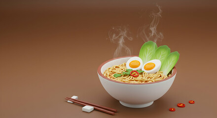 Delicious steaming bowl of ramen with eggs and fresh vegetables