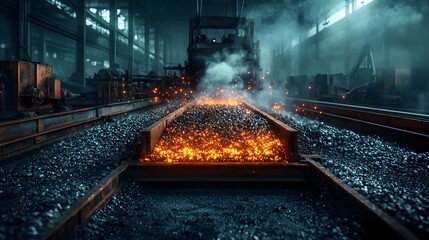 A view inside an industrial rolling mill where hot steel sheets are transported on a conveyor belt surrounded by large and equipment amidst smoke and steam
