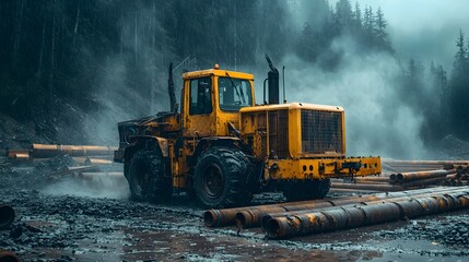 A rugged powerful heavy vehicle likely a crane or excavator operating on a construction site surrounded by a misty forested landscape