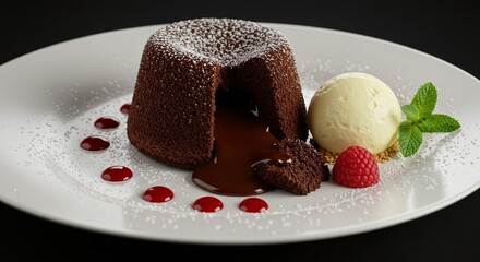 Molten chocolate cake oozing with hot chocolate, served with vanilla ice cream, raspberry, mint and scattered powder sugar.