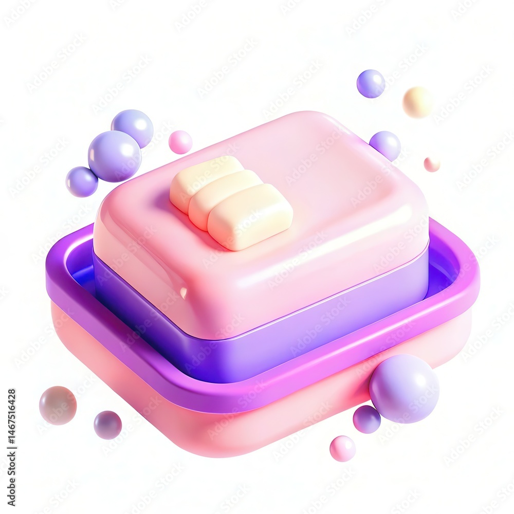 Poster a soft, colorful soap bar design with rounded edges and floating spheres around it, creating a playf