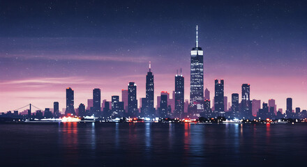 Fototapeta premium Vibrant City Skyline at Twilight Over Calm Water with Starry Sky