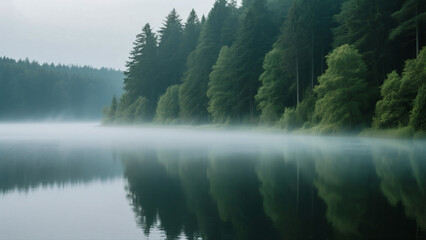 A clear and simple name for the image could be:
Foggy morning over a calm lake and river with misty forest and mountain view