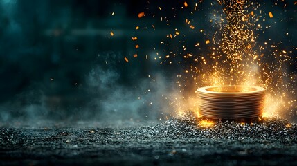 Glowing molten steel being formed into coiled wires after a high temperature rolling process in an industrial manufacturing setting