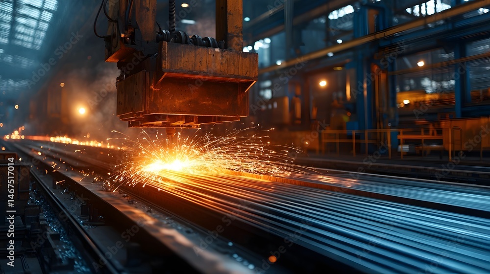 Poster a dynamic and industrial scene of a high speed rolling line in a factory with glowing strips of molt