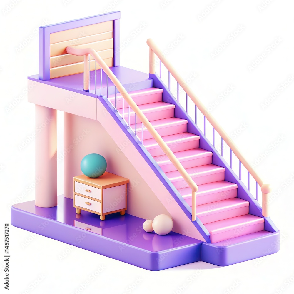 Poster a colorful 3d design featuring a pink and purple staircase with a modern abstract style, accompanied