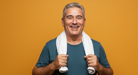 Smiling mature man after workout, wearing a towel around his neck against an orange background. His grey hair is neatly styled.