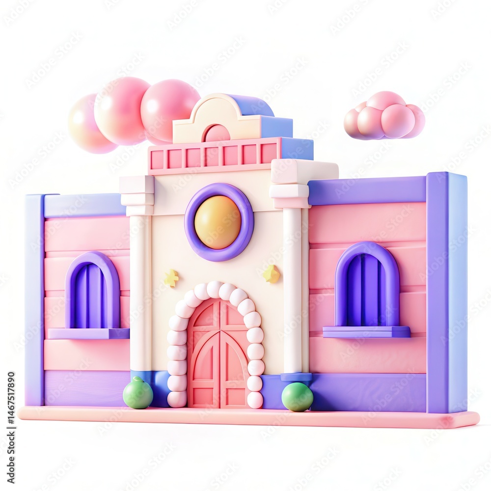 Poster colorful 3d architectural model with a whimsical design featuring rounded windows and a decorative f