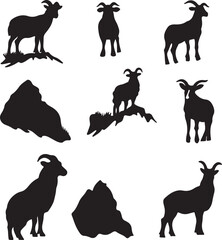 Black Silhouette Vector Art: Mountain Goats and Rocky Terrain