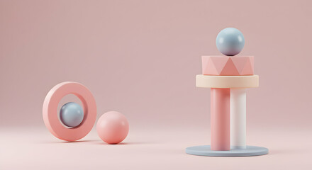 Colorful geometric shapes in soft pastel tones on a minimal background