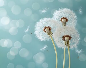 Whimsical dandelion seeds float on a soft pastel blue backdrop