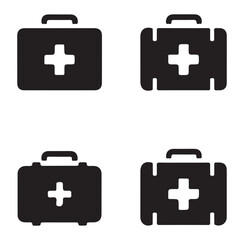 Set of black first aid kit icons with a medical cross symbol on each.
