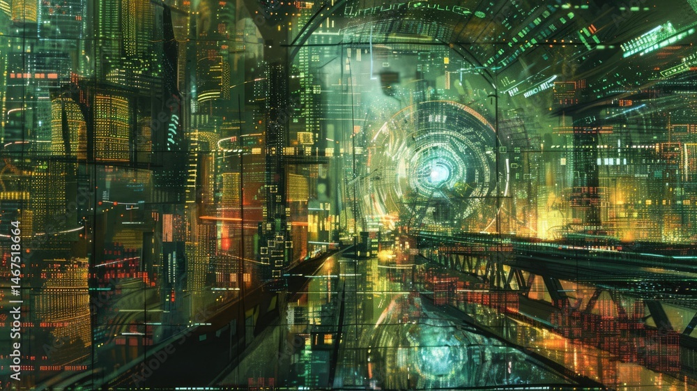 Poster abstract digital shape and particle technological cyber style design connecting become system shape 