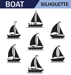 Various black  sailboat silhouettes set on a white background, featuring different sailing positions and boat styles.