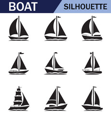 Various black  sailboat silhouettes set on a white background, featuring different sailing positions and boat styles.