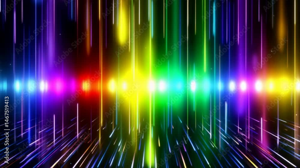 Poster a vibrant spectrum of colorful light beams radiating in various directions, creating a striking visu