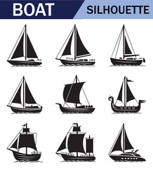 Various black  sailboat silhouettes set on a white background, featuring different sailing positions and boat styles.