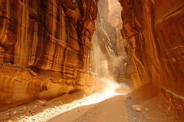 A stunning canyon with vibrant rock formations and light streaming through.