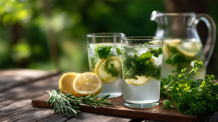 Fototapeta premium Refreshing lemon and mint infused water served outdoors on wood table
