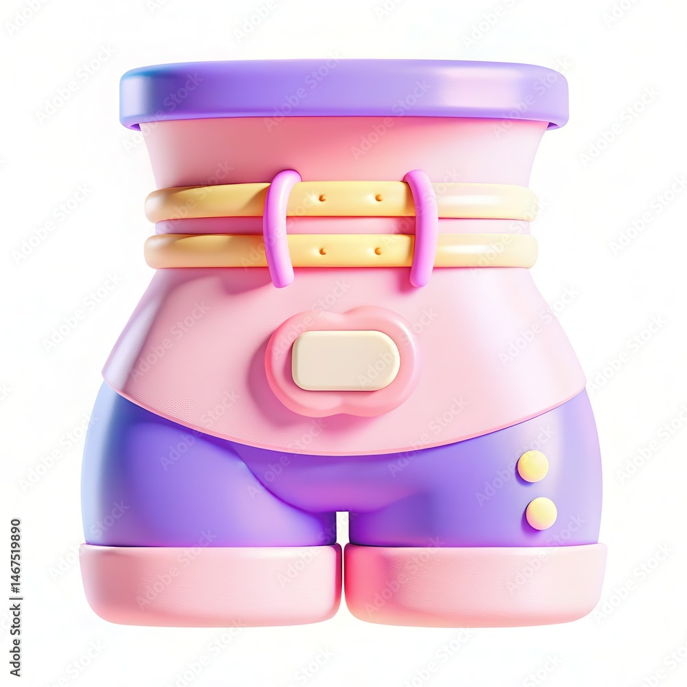 Poster a colorful 3d rendering of a stylized figure with rounded shapes in shades of pink and purple, featu