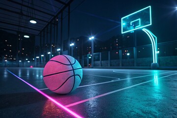 Neon basketball glows on futuristic court - generated by ai