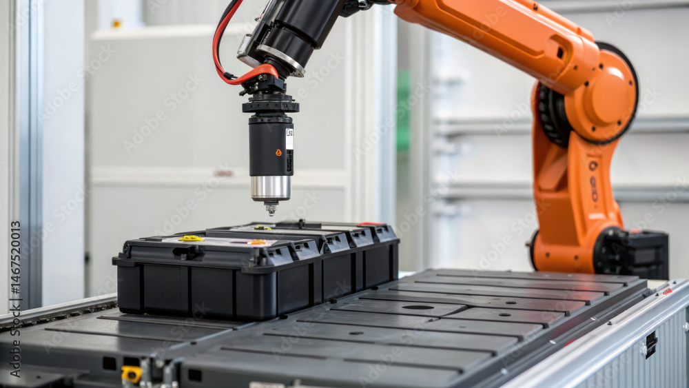 Poster robotic arm is performing battery swap on storage unit, showcasing advanced automation technology in
