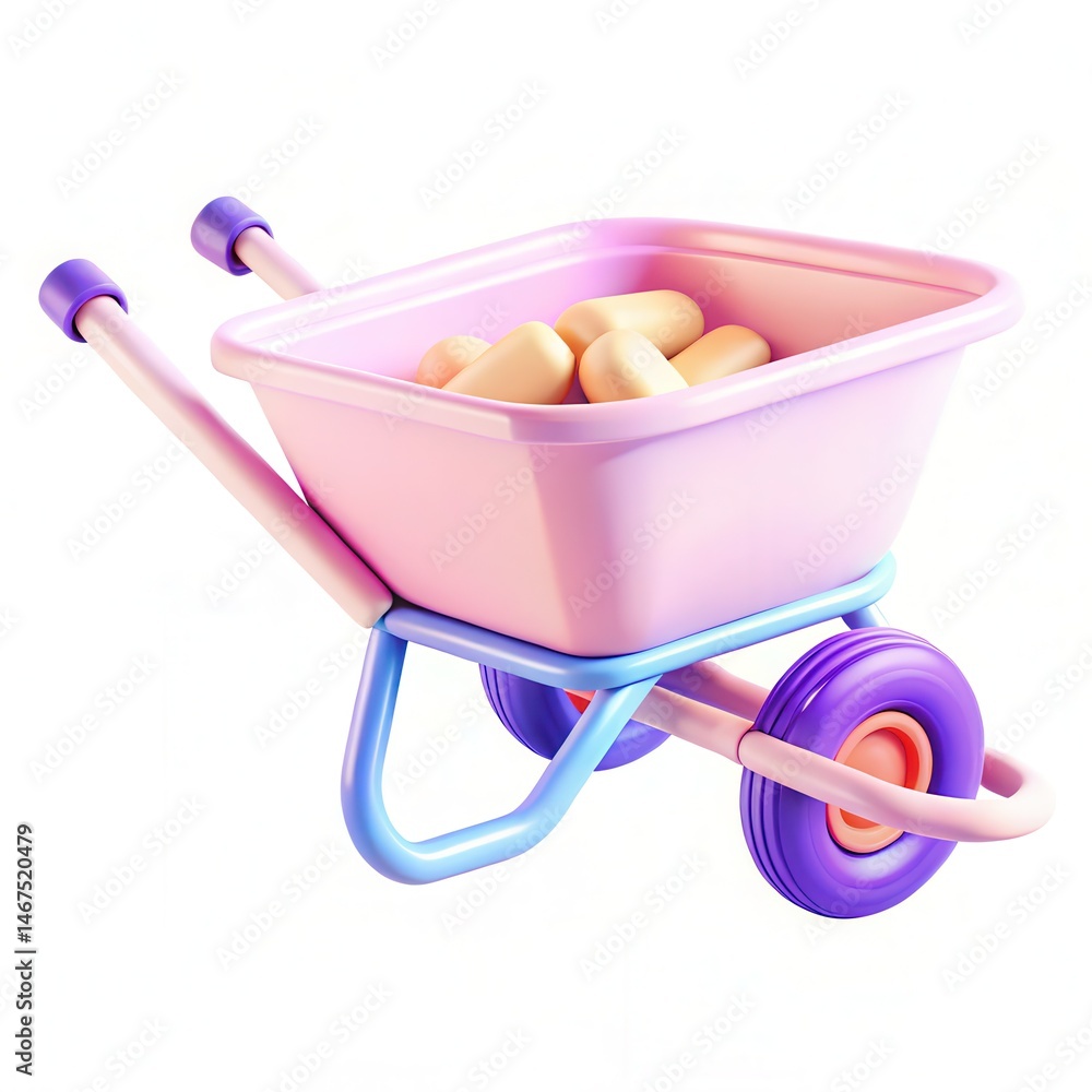 Poster a colorful toy wheelbarrow filled with rounded items, showcasing a modern design and playful texture