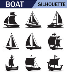 Various black  sailboat silhouettes set on a white background, featuring different sailing positions and boat styles.